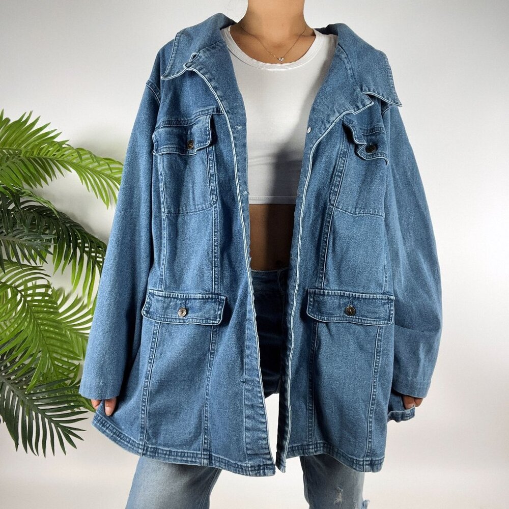 Vintage 90s Grunge Indie Casual Oversized Mid Wash Denim Utility Jacket / L